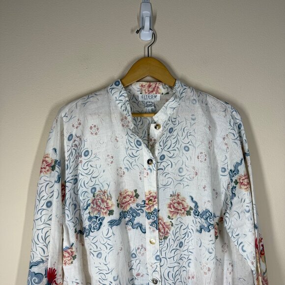 Citron Santa Monica Linen Dragon Floral Blouse Womens Size 1X Asian Art to Wear - Picture 3 of 8